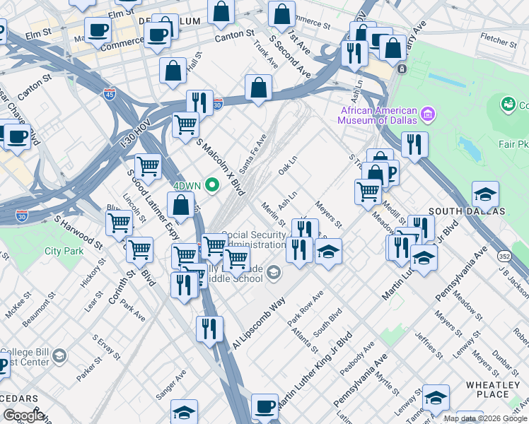 map of restaurants, bars, coffee shops, grocery stores, and more near 2422 Merlin Street in Dallas