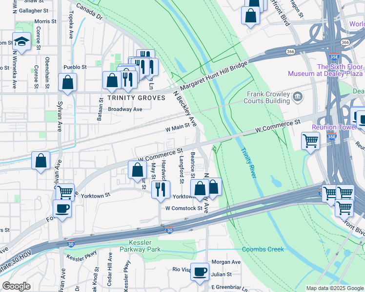 map of restaurants, bars, coffee shops, grocery stores, and more near 201 West Commerce Street in Dallas