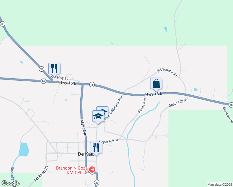 map of restaurants, bars, coffee shops, grocery stores, and more near Highway 16 in De Kalb