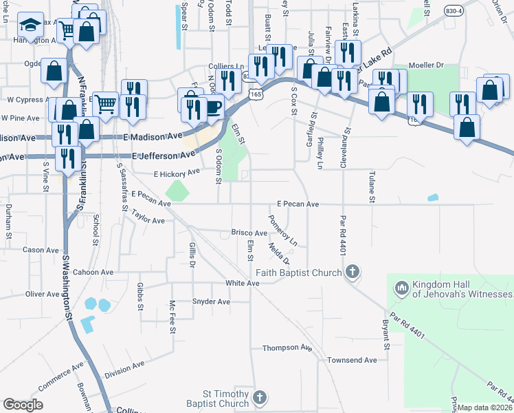 map of restaurants, bars, coffee shops, grocery stores, and more near 911 East Pecan Avenue in Bastrop