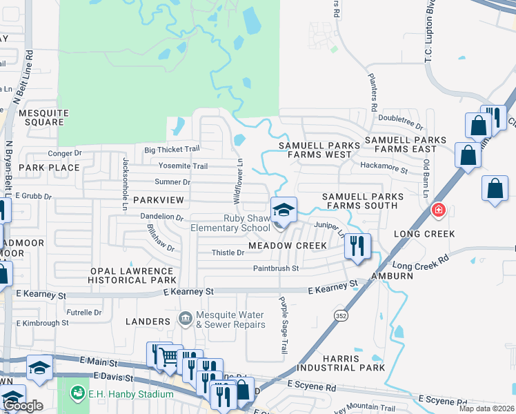 map of restaurants, bars, coffee shops, grocery stores, and more near 1013 East Grubb Drive in Mesquite