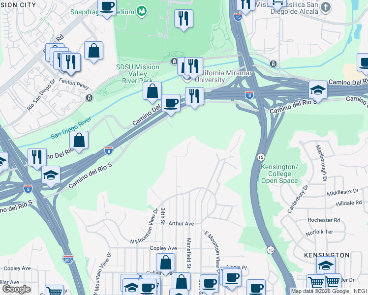 map of restaurants, bars, coffee shops, grocery stores, and more near 5232 Cromwell Court in San Diego