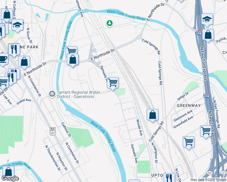 map of restaurants, bars, coffee shops, grocery stores, and more near Samuels Avenue in Fort Worth