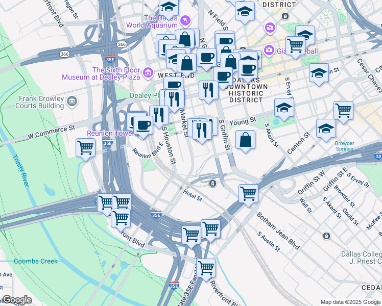 map of restaurants, bars, coffee shops, grocery stores, and more near South Market Street in Dallas