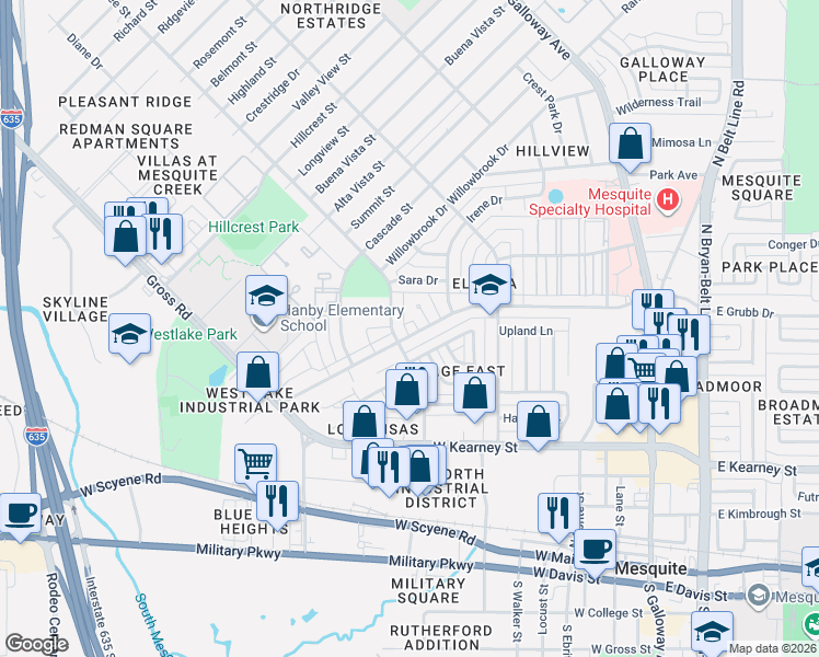 map of restaurants, bars, coffee shops, grocery stores, and more near 912 Lee Street in Mesquite