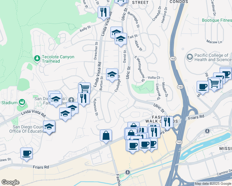 map of restaurants, bars, coffee shops, grocery stores, and more near 1645 Coolidge Street in San Diego
