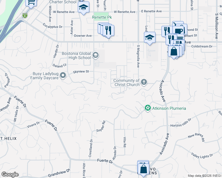 map of restaurants, bars, coffee shops, grocery stores, and more near 440 Tilling Way in El Cajon