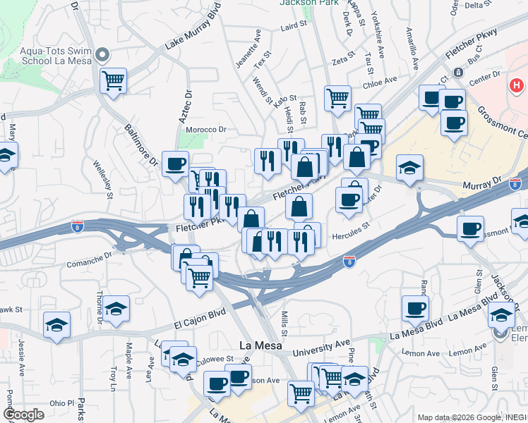 map of restaurants, bars, coffee shops, grocery stores, and more near 6101-3 Horton Drive in La Mesa