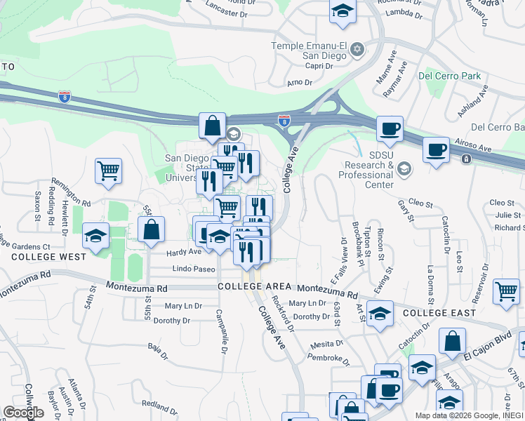 map of restaurants, bars, coffee shops, grocery stores, and more near 5500 Campanile Drive in San Diego