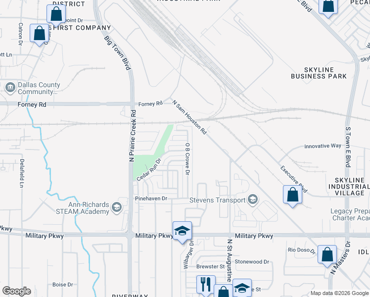 map of restaurants, bars, coffee shops, grocery stores, and more near 4032 O B Crowe Drive in Dallas