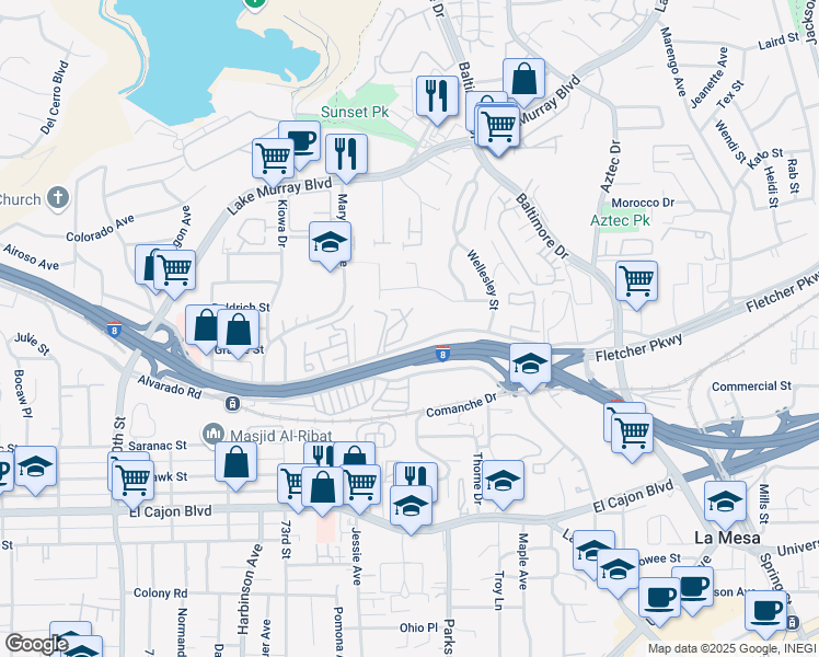map of restaurants, bars, coffee shops, grocery stores, and more near 7506 Parkway Drive in La Mesa