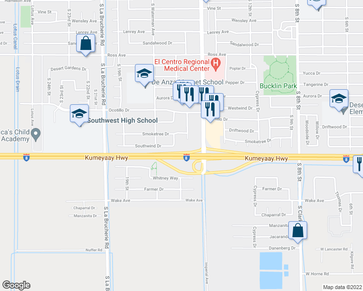 map of restaurants, bars, coffee shops, grocery stores, and more near 2085 Cottonwood Circle in El Centro