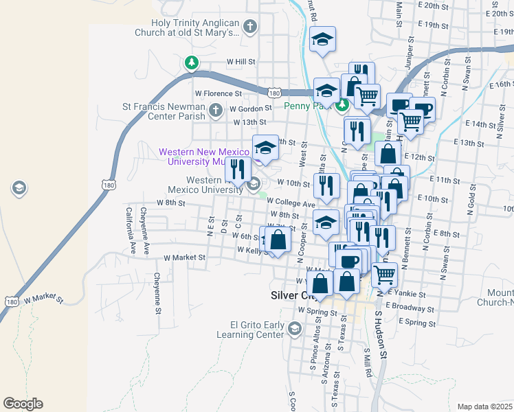map of restaurants, bars, coffee shops, grocery stores, and more near 806 B Street in Silver City