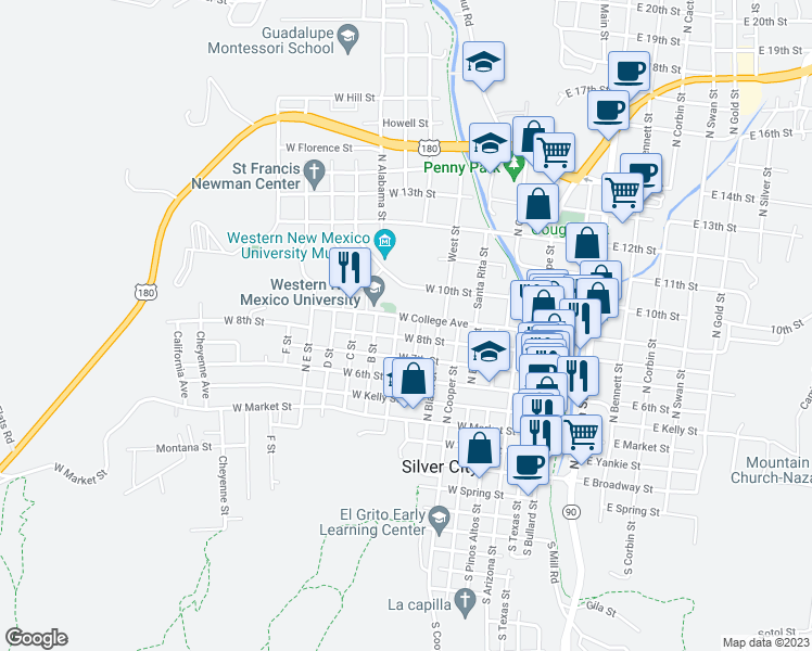 map of restaurants, bars, coffee shops, grocery stores, and more near 811 West College Avenue in Silver City