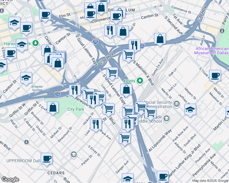 map of restaurants, bars, coffee shops, grocery stores, and more near 1811 South Good Latimer Expressway in Dallas