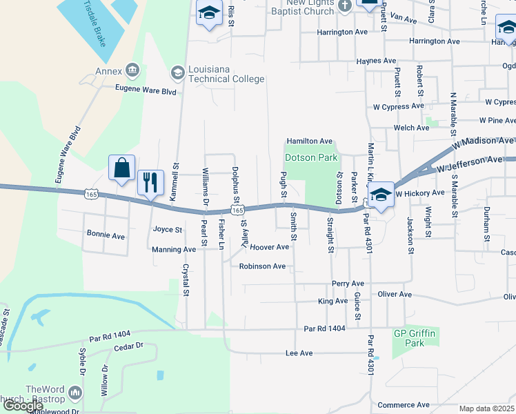 map of restaurants, bars, coffee shops, grocery stores, and more near 100 Taft Street in Bastrop