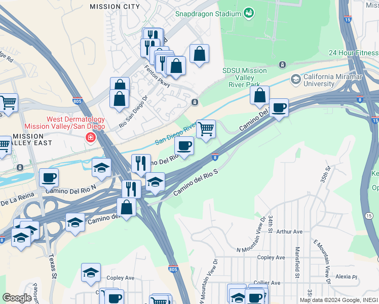 map of restaurants, bars, coffee shops, grocery stores, and more near 3111 Camino Del Rio North in San Diego
