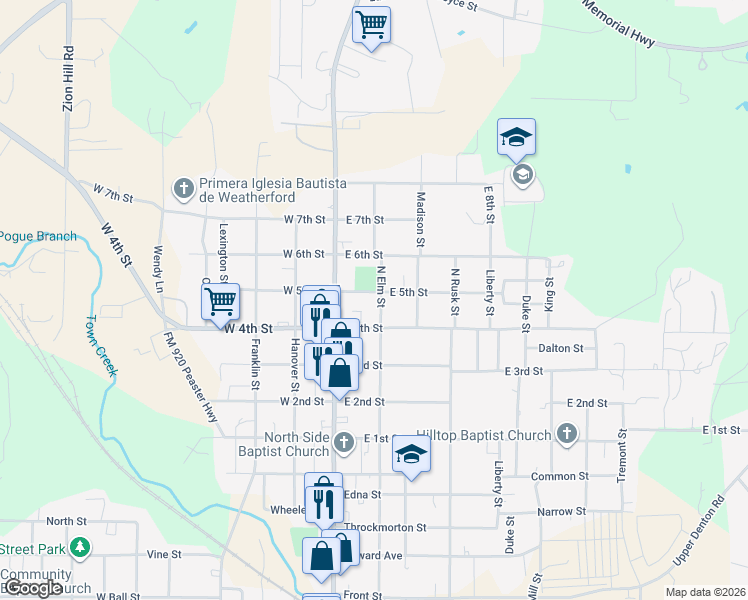 map of restaurants, bars, coffee shops, grocery stores, and more near 1313 North Elm Street in Weatherford
