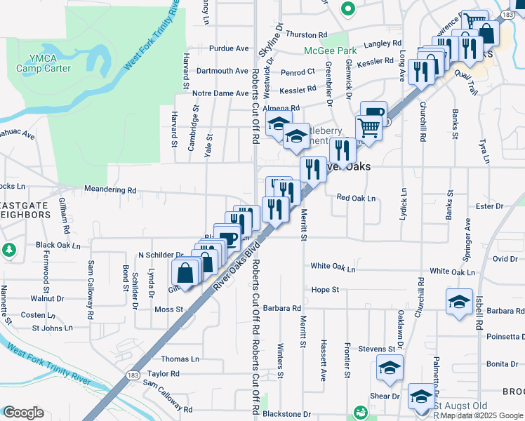 map of restaurants, bars, coffee shops, grocery stores, and more near 1000 Roberts Cut Off Road in River Oaks