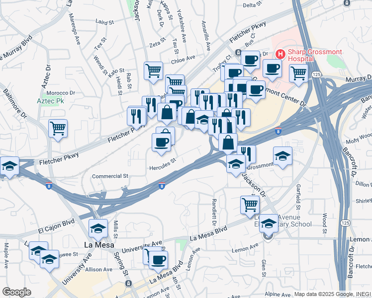 map of restaurants, bars, coffee shops, grocery stores, and more near in La Mesa