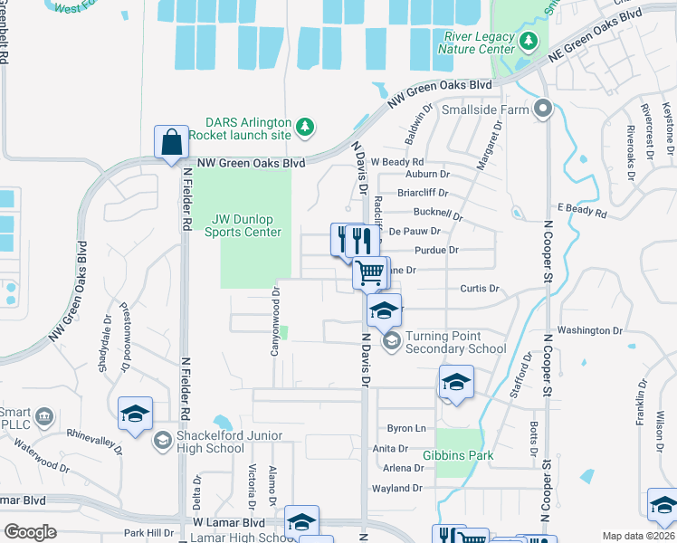 map of restaurants, bars, coffee shops, grocery stores, and more near 2430 North Davis Drive in Arlington