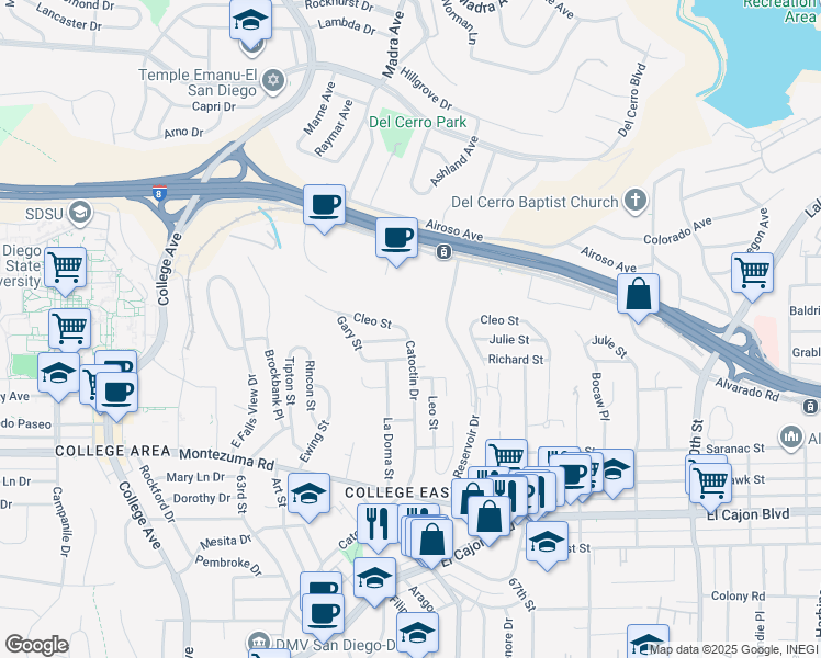 map of restaurants, bars, coffee shops, grocery stores, and more near 5261 Catoctin Drive in San Diego