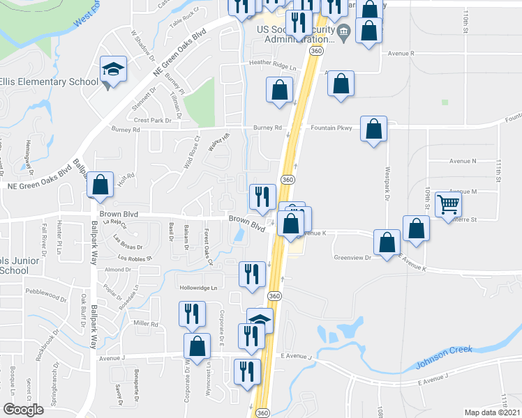 map of restaurants, bars, coffee shops, grocery stores, and more near 1607 North Watson Road in Arlington