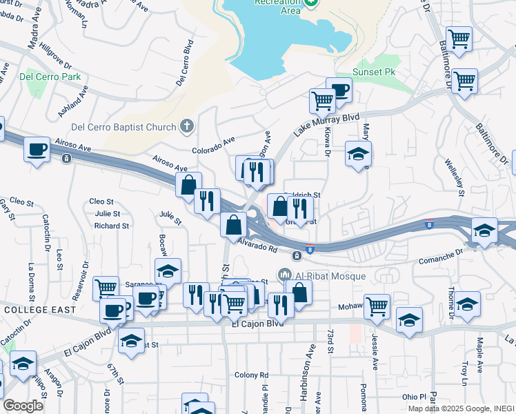 map of restaurants, bars, coffee shops, grocery stores, and more near 5301 Lake Murray Boulevard in La Mesa