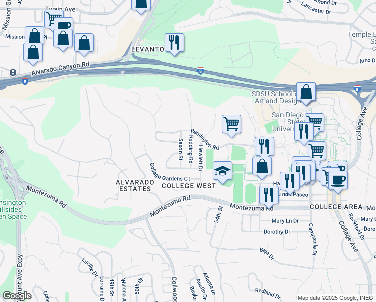 map of restaurants, bars, coffee shops, grocery stores, and more near 5356 Redding Road in San Diego