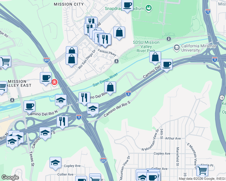 map of restaurants, bars, coffee shops, grocery stores, and more near 3111 Camino Del Rio North in San Diego