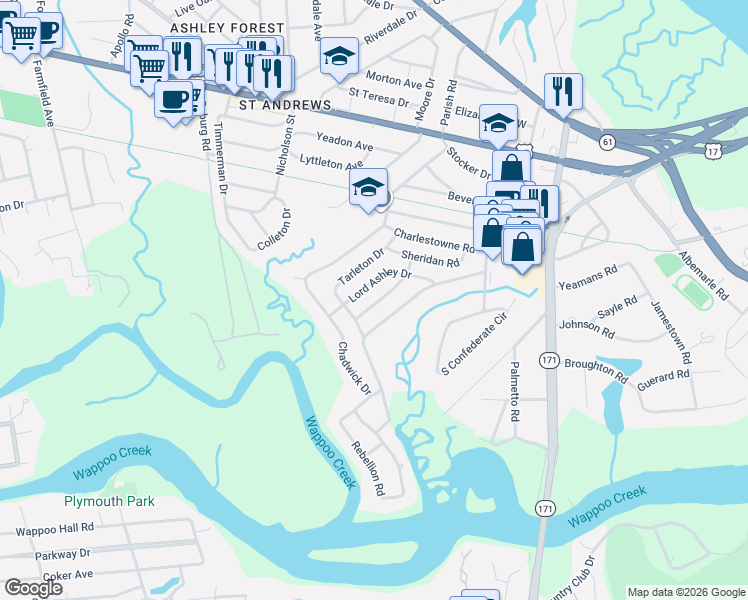 map of restaurants, bars, coffee shops, grocery stores, and more near 17 Lord Ashley Drive in Charleston