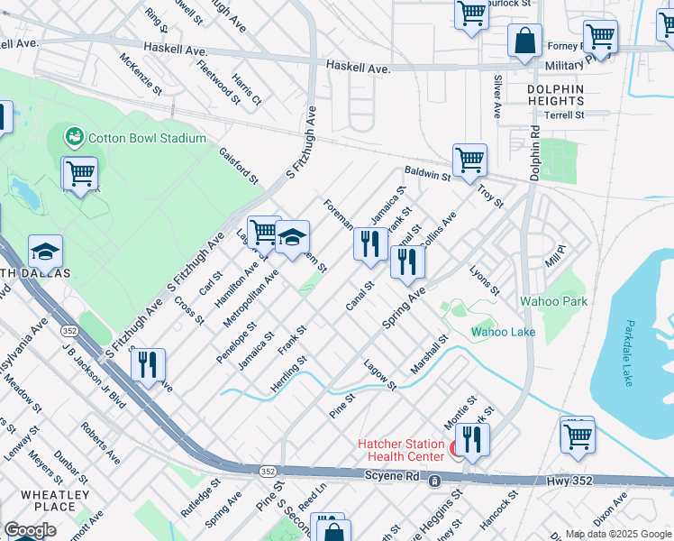 map of restaurants, bars, coffee shops, grocery stores, and more near 4314 Jamaica Street in Dallas