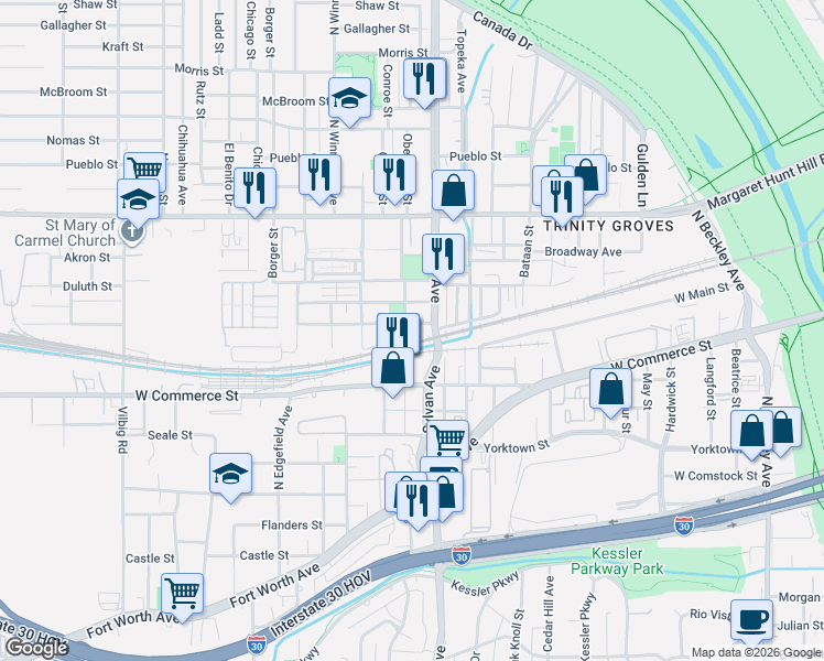map of restaurants, bars, coffee shops, grocery stores, and more near 900 Muncie Avenue in Dallas
