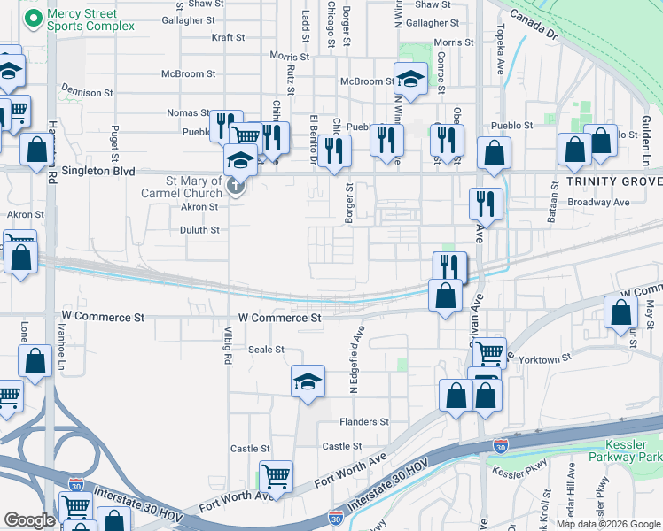 map of restaurants, bars, coffee shops, grocery stores, and more near 2507 La Altura Lane in Dallas
