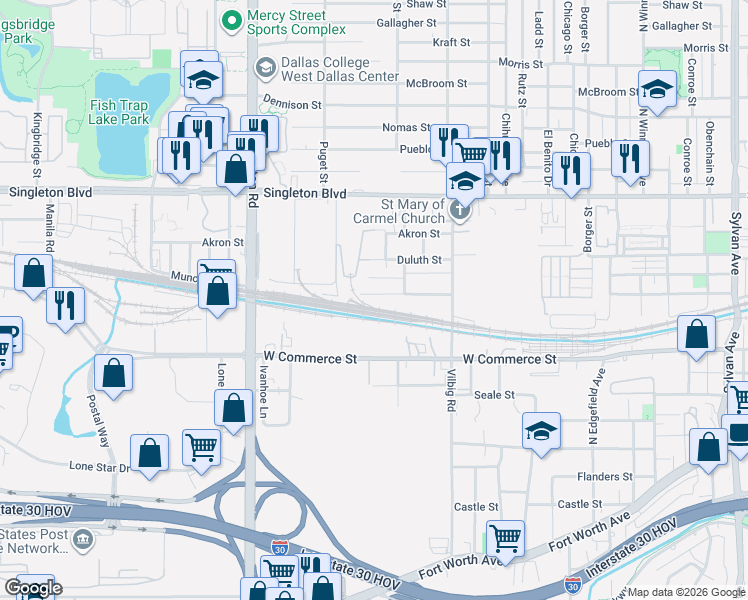 map of restaurants, bars, coffee shops, grocery stores, and more near 1943 Muncie Avenue in Dallas