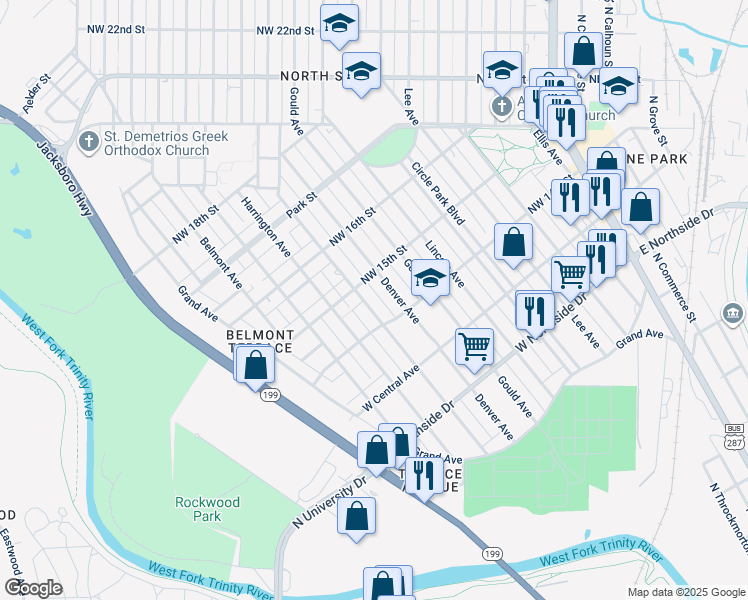 map of restaurants, bars, coffee shops, grocery stores, and more near 1001 Northwest 15th Street in Fort Worth