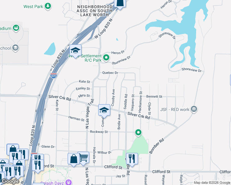 map of restaurants, bars, coffee shops, grocery stores, and more near 841 Crosby Avenue in White Settlement