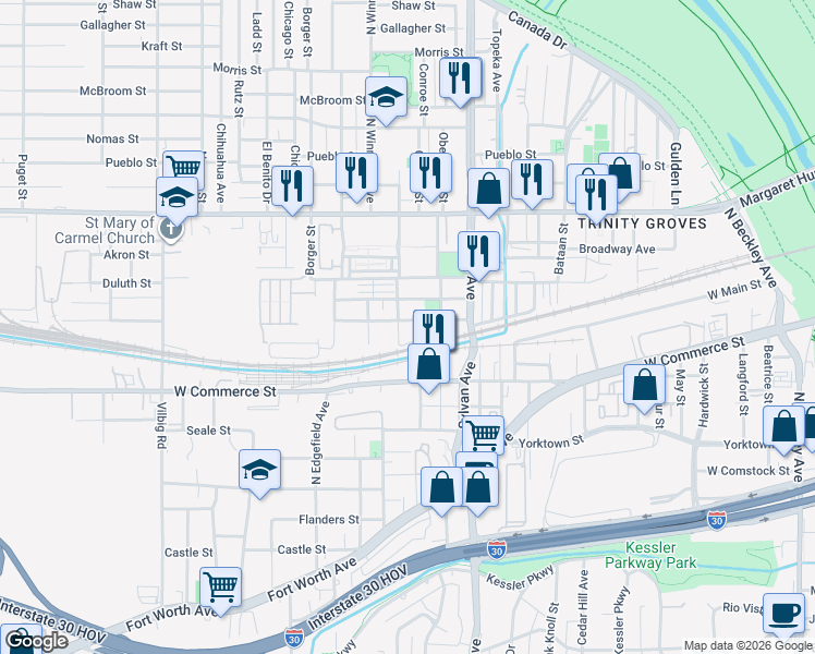 map of restaurants, bars, coffee shops, grocery stores, and more near 930 Muncie Avenue in Dallas