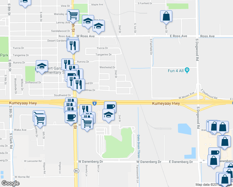 map of restaurants, bars, coffee shops, grocery stores, and more near 2nd Street & Southwind Drive in El Centro