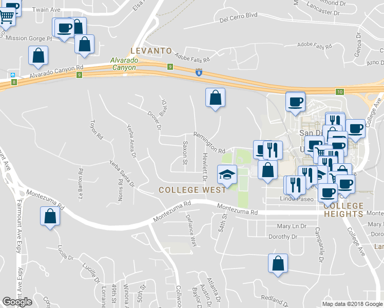 map of restaurants, bars, coffee shops, grocery stores, and more near 5348 Redding Road in San Diego