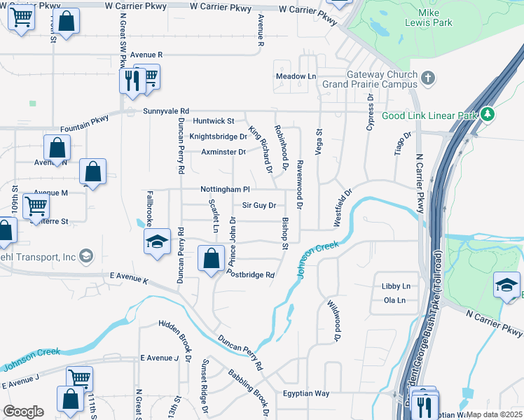 map of restaurants, bars, coffee shops, grocery stores, and more near 2417 Sir Guy Drive in Grand Prairie