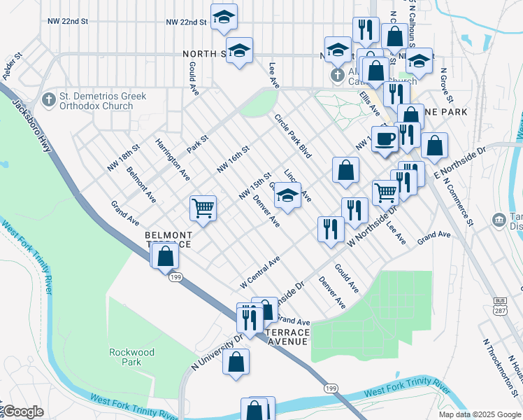 map of restaurants, bars, coffee shops, grocery stores, and more near 1507 Denver Avenue in Fort Worth
