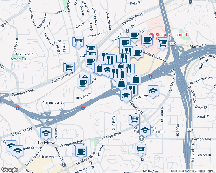 map of restaurants, bars, coffee shops, grocery stores, and more near 8375 Hercules Street in La Mesa