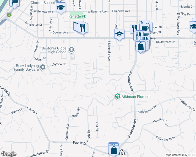 map of restaurants, bars, coffee shops, grocery stores, and more near 1490 South Orange Avenue in El Cajon