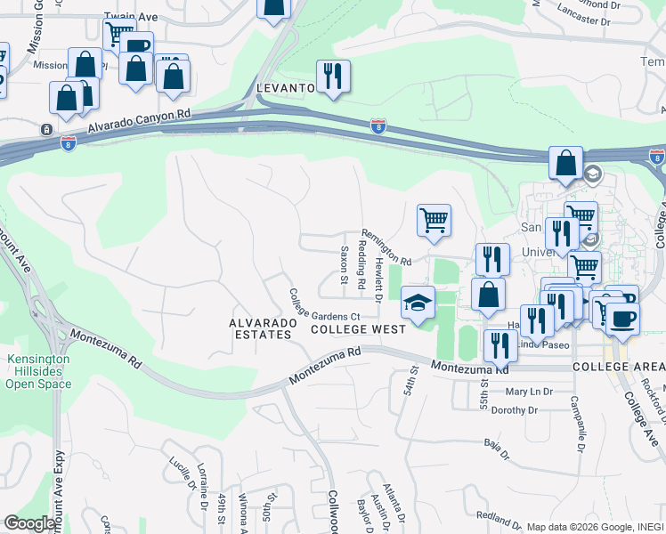 map of restaurants, bars, coffee shops, grocery stores, and more near 5386 Penny Place in San Diego
