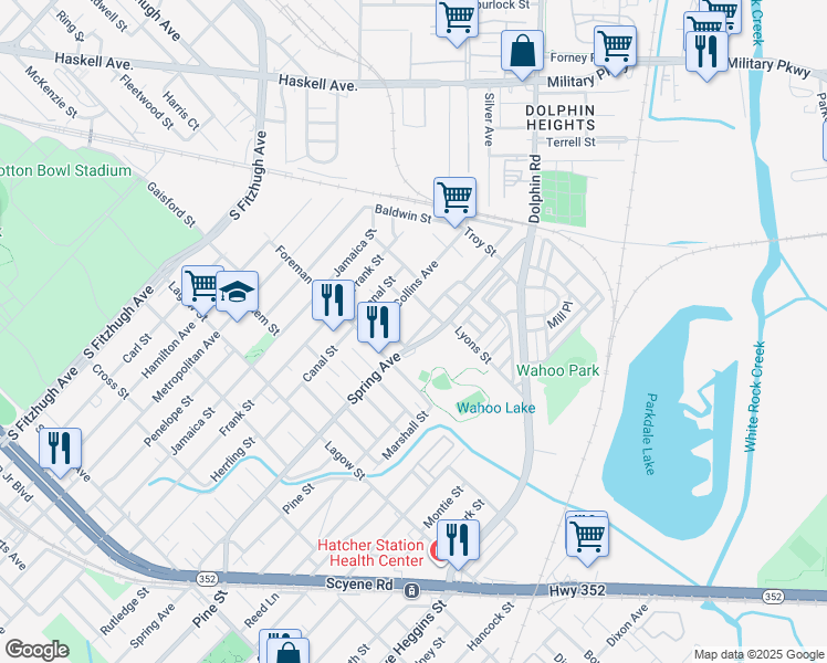 map of restaurants, bars, coffee shops, grocery stores, and more near 4519 Wahoo Street in Dallas