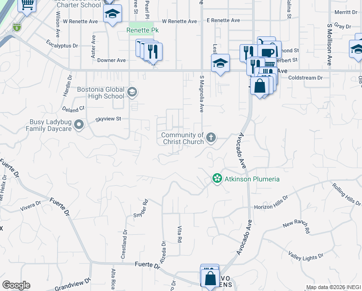map of restaurants, bars, coffee shops, grocery stores, and more near 136 South Orange Avenue in El Cajon