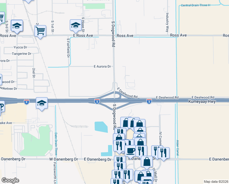 map of restaurants, bars, coffee shops, grocery stores, and more near 3924 South Dogwood Road in El Centro