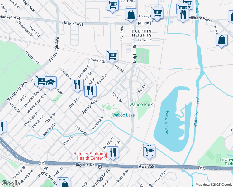 map of restaurants, bars, coffee shops, grocery stores, and more near 2914 Lyons Street in Dallas