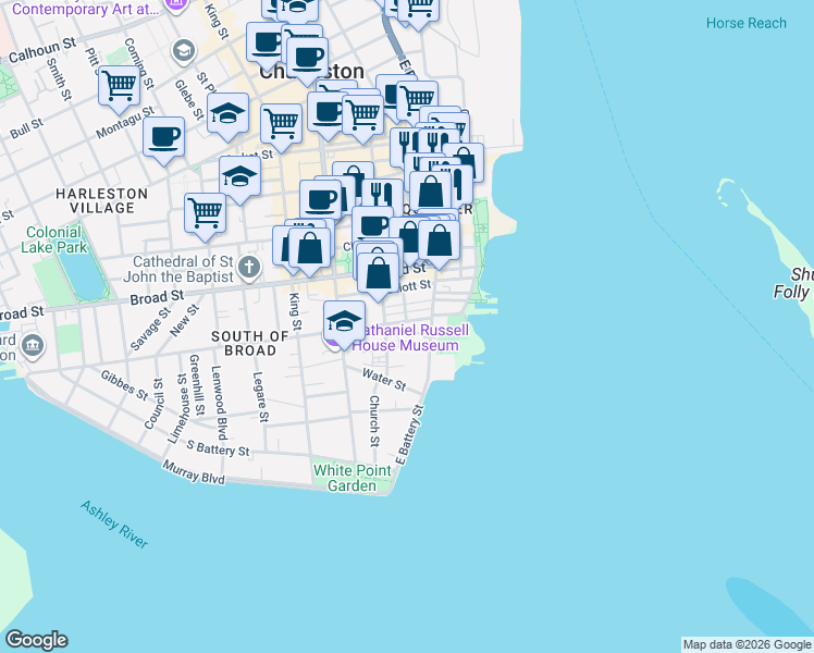 map of restaurants, bars, coffee shops, grocery stores, and more near 77 East Bay Street in Charleston